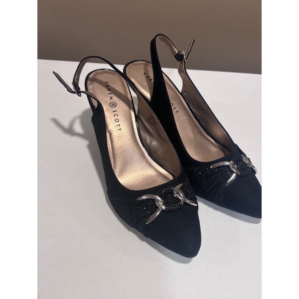 Karen Scott Black Slingback Heels Pointed Toe Silver Chain Accent Pumps Size 7M